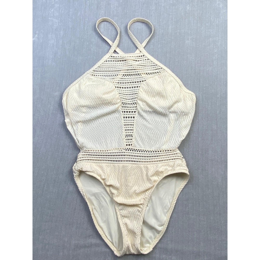 Robin Piccone Cream Crochet High Neck One Piece Swimsuit 182614 Womens 6